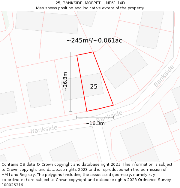 25, BANKSIDE, MORPETH, NE61 1XD: Plot and title map