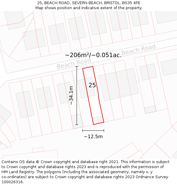 25, BEACH ROAD, SEVERN BEACH, BRISTOL, BS35 4PE: Plot and title map