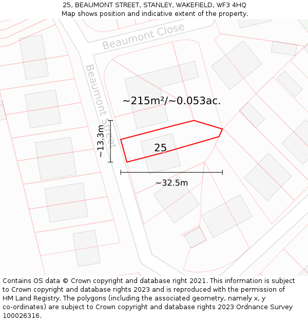 25, BEAUMONT STREET, STANLEY, WAKEFIELD, WF3 4HQ: Plot and title map