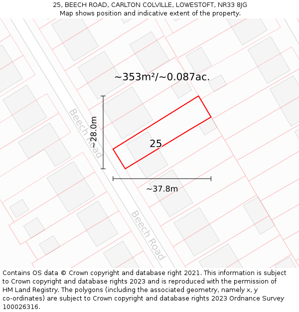 25, BEECH ROAD, CARLTON COLVILLE, LOWESTOFT, NR33 8JG: Plot and title map