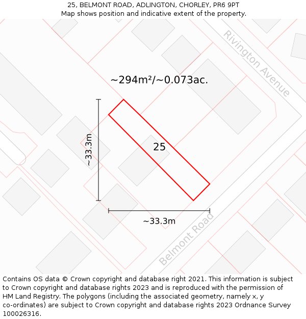 25, BELMONT ROAD, ADLINGTON, CHORLEY, PR6 9PT: Plot and title map