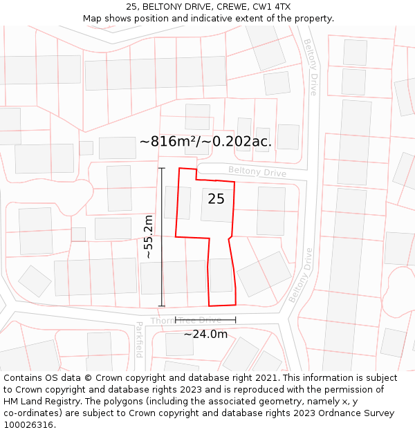 25, BELTONY DRIVE, CREWE, CW1 4TX: Plot and title map