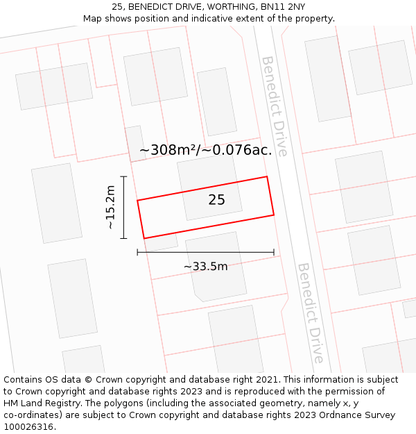 25, BENEDICT DRIVE, WORTHING, BN11 2NY: Plot and title map