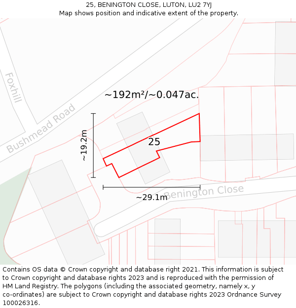 25, BENINGTON CLOSE, LUTON, LU2 7YJ: Plot and title map