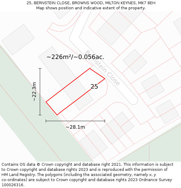 25, BERNSTEIN CLOSE, BROWNS WOOD, MILTON KEYNES, MK7 8EH: Plot and title map