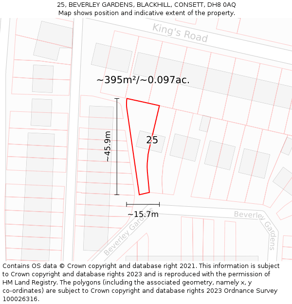 25, BEVERLEY GARDENS, BLACKHILL, CONSETT, DH8 0AQ: Plot and title map