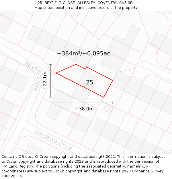 25, BEXFIELD CLOSE, ALLESLEY, COVENTRY, CV5 9BL: Plot and title map