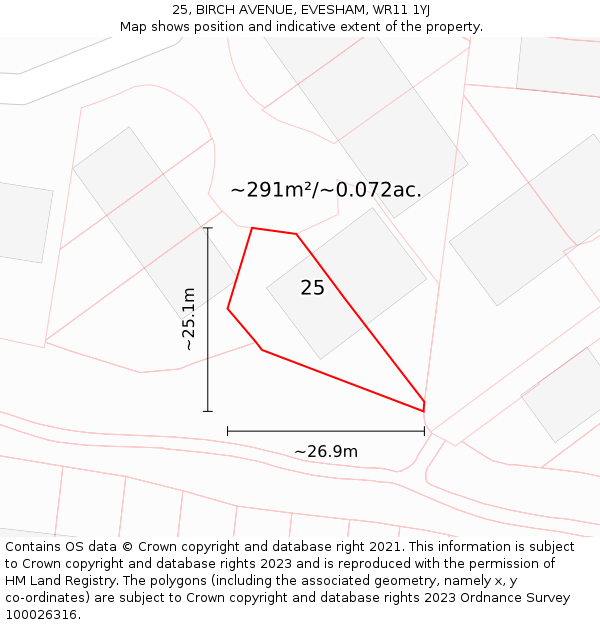 25, BIRCH AVENUE, EVESHAM, WR11 1YJ: Plot and title map