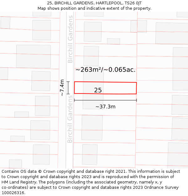 25, BIRCHILL GARDENS, HARTLEPOOL, TS26 0JT: Plot and title map