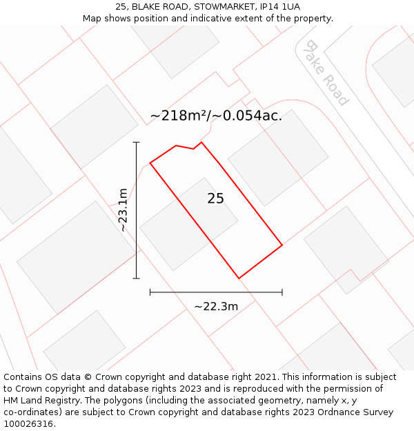 25, BLAKE ROAD, STOWMARKET, IP14 1UA: Plot and title map