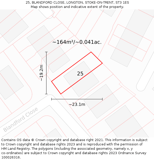 25, BLANDFORD CLOSE, LONGTON, STOKE-ON-TRENT, ST3 1ES: Plot and title map