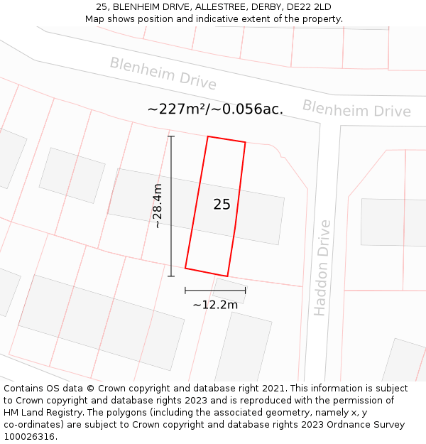 25, BLENHEIM DRIVE, ALLESTREE, DERBY, DE22 2LD: Plot and title map