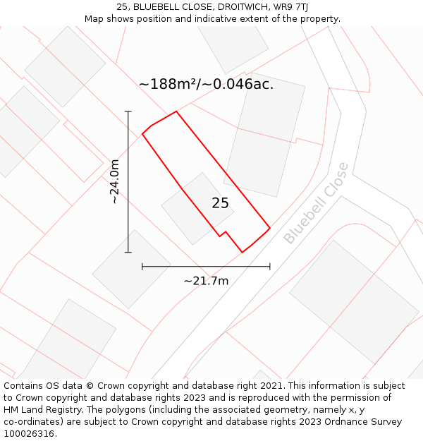 25, BLUEBELL CLOSE, DROITWICH, WR9 7TJ: Plot and title map