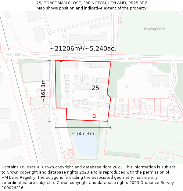 25, BOARDMAN CLOSE, FARINGTON, LEYLAND, PR25 3BZ: Plot and title map