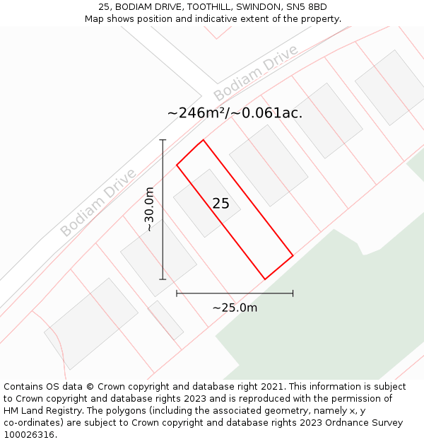 25, BODIAM DRIVE, TOOTHILL, SWINDON, SN5 8BD: Plot and title map