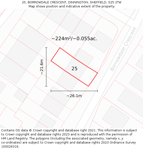 25, BORROWDALE CRESCENT, DINNINGTON, SHEFFIELD, S25 2TW: Plot and title map