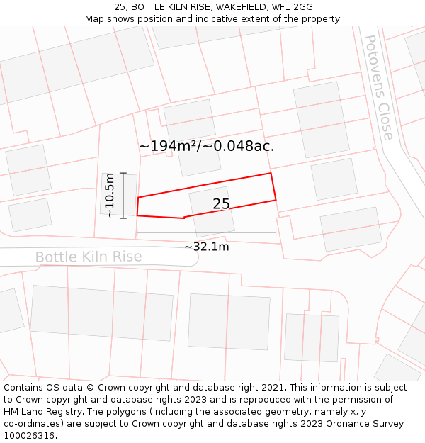 25, BOTTLE KILN RISE, WAKEFIELD, WF1 2GG: Plot and title map