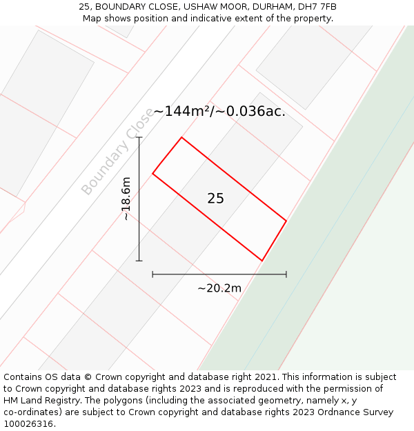 25, BOUNDARY CLOSE, USHAW MOOR, DURHAM, DH7 7FB: Plot and title map