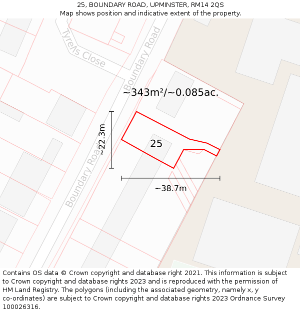 25, BOUNDARY ROAD, UPMINSTER, RM14 2QS: Plot and title map