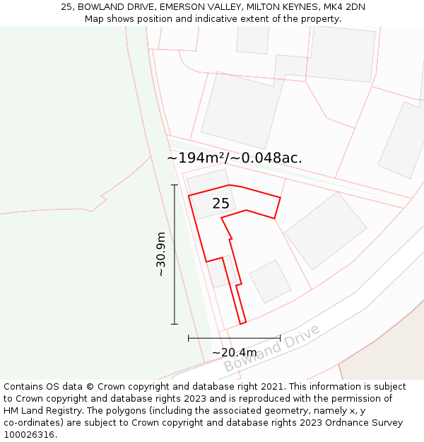 25, BOWLAND DRIVE, EMERSON VALLEY, MILTON KEYNES, MK4 2DN: Plot and title map