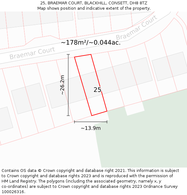 25, BRAEMAR COURT, BLACKHILL, CONSETT, DH8 8TZ: Plot and title map