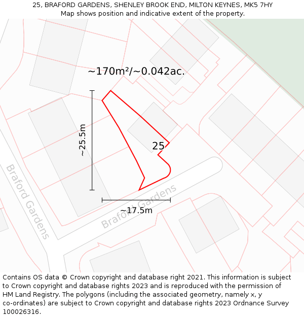 25, BRAFORD GARDENS, SHENLEY BROOK END, MILTON KEYNES, MK5 7HY: Plot and title map