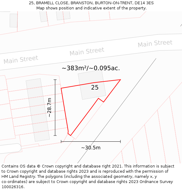 25, BRAMELL CLOSE, BRANSTON, BURTON-ON-TRENT, DE14 3ES: Plot and title map