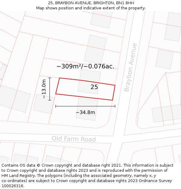 25, BRAYBON AVENUE, BRIGHTON, BN1 8HH: Plot and title map