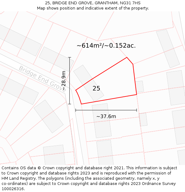 25, BRIDGE END GROVE, GRANTHAM, NG31 7HS: Plot and title map
