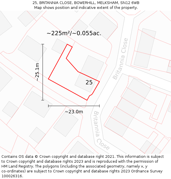 25, BRITANNIA CLOSE, BOWERHILL, MELKSHAM, SN12 6WB: Plot and title map