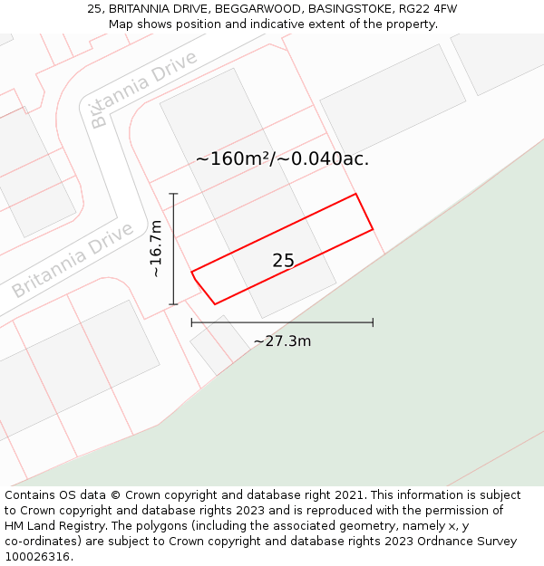 25, BRITANNIA DRIVE, BEGGARWOOD, BASINGSTOKE, RG22 4FW: Plot and title map