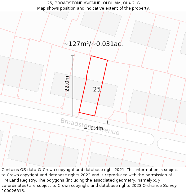 25, BROADSTONE AVENUE, OLDHAM, OL4 2LG: Plot and title map