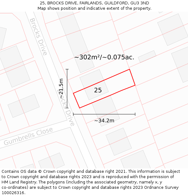 25, BROCKS DRIVE, FAIRLANDS, GUILDFORD, GU3 3ND: Plot and title map