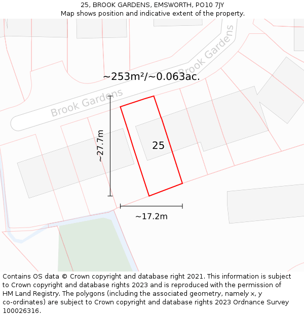 25, BROOK GARDENS, EMSWORTH, PO10 7JY: Plot and title map