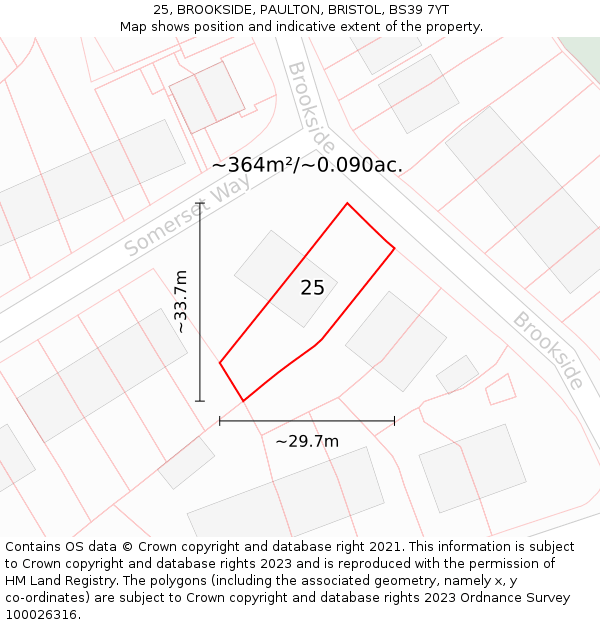 25, BROOKSIDE, PAULTON, BRISTOL, BS39 7YT: Plot and title map