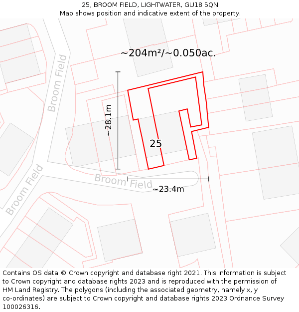 25, BROOM FIELD, LIGHTWATER, GU18 5QN: Plot and title map