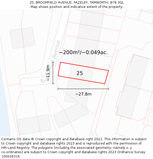 25, BROOMFIELD AVENUE, FAZELEY, TAMWORTH, B78 3QL: Plot and title map