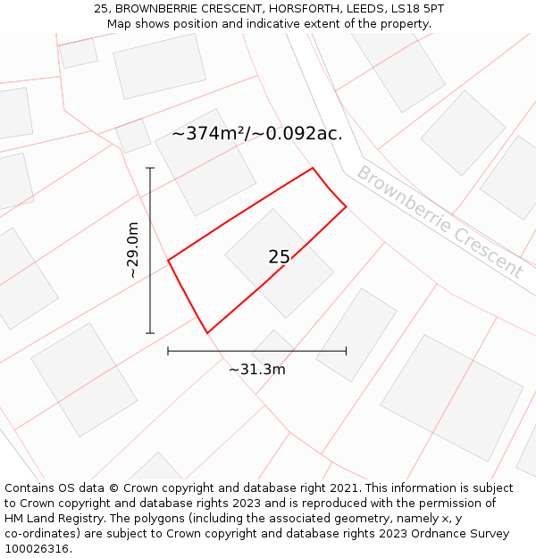 25, BROWNBERRIE CRESCENT, HORSFORTH, LEEDS, LS18 5PT: Plot and title map