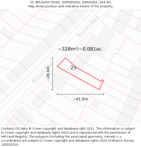 25, BRUNANT ROAD, GORSEINON, SWANSEA, SA4 4FL: Plot and title map