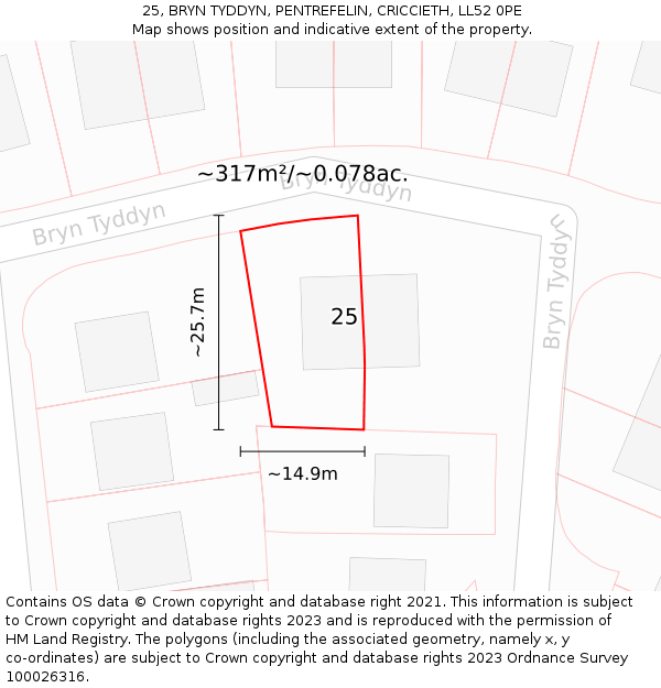 25, BRYN TYDDYN, PENTREFELIN, CRICCIETH, LL52 0PE: Plot and title map