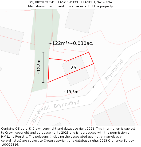 25, BRYNHYFRYD, LLANGENNECH, LLANELLI, SA14 8GA: Plot and title map