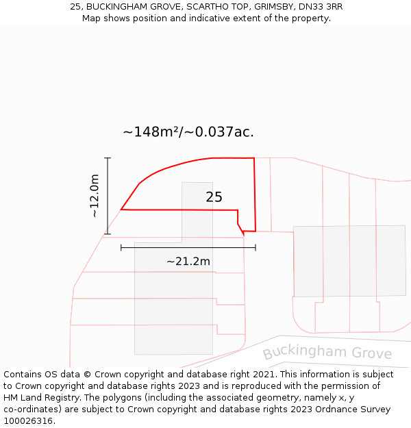 25, BUCKINGHAM GROVE, SCARTHO TOP, GRIMSBY, DN33 3RR: Plot and title map