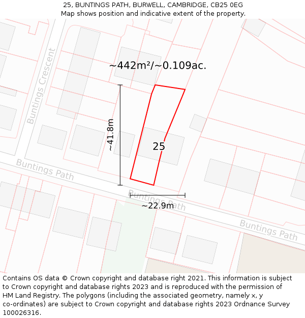 25, BUNTINGS PATH, BURWELL, CAMBRIDGE, CB25 0EG: Plot and title map