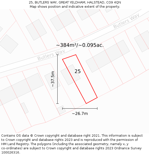 25, BUTLERS WAY, GREAT YELDHAM, HALSTEAD, CO9 4QN: Plot and title map