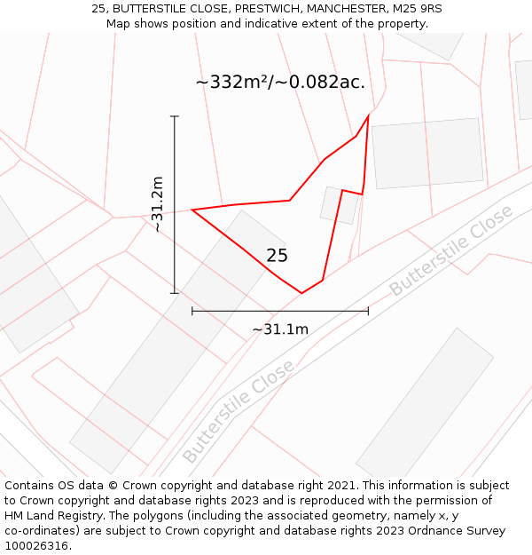 25, BUTTERSTILE CLOSE, PRESTWICH, MANCHESTER, M25 9RS: Plot and title map