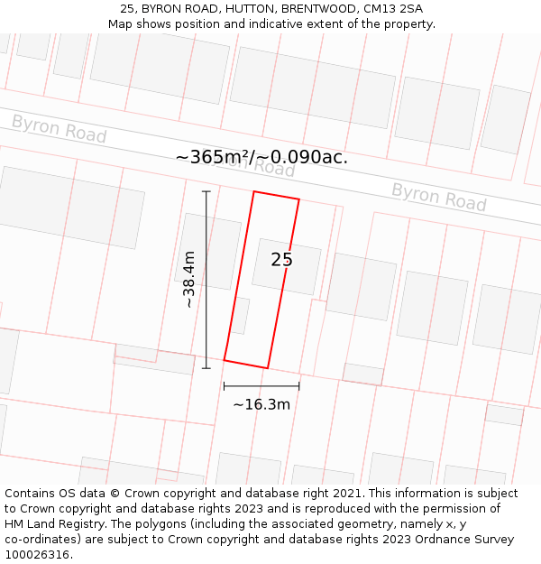 25, BYRON ROAD, HUTTON, BRENTWOOD, CM13 2SA: Plot and title map