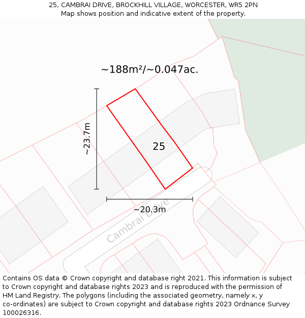 25, CAMBRAI DRIVE, BROCKHILL VILLAGE, WORCESTER, WR5 2PN: Plot and title map