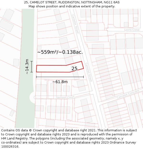 25, CAMELOT STREET, RUDDINGTON, NOTTINGHAM, NG11 6AS: Plot and title map