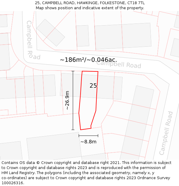 25, CAMPBELL ROAD, HAWKINGE, FOLKESTONE, CT18 7TL: Plot and title map