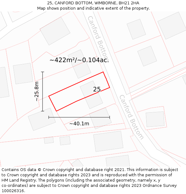 25, CANFORD BOTTOM, WIMBORNE, BH21 2HA: Plot and title map